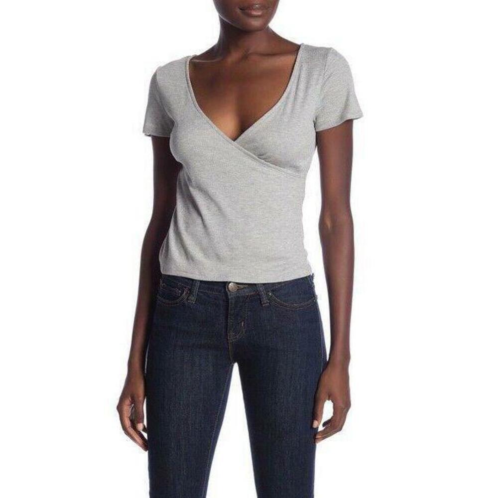 PST By Project Social T Women's Short Sleeve Surplice Top In Grey Size L